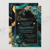 Luxus Aquamarin und Gold Floral Agate Quinceanera Einladung (Vorne/Hinten)