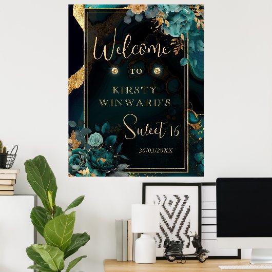 Luxus Aquamarin und Gold Floral Agate Sweet 16 Wil Poster (Heimbüro)