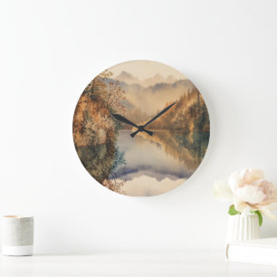 Luxus-Aquarell Herbst Bergsee Große Wanduhr