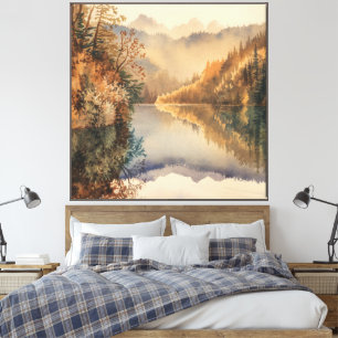 Luxus-Aquarell Herbst Bergsee Leinwanddruck