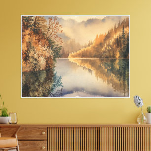 Luxus-Aquarell Herbst Bergsee Leinwanddruck