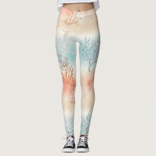 Luxus-Aquarell-Küstenkorallen & Ozeanwellen Leggings