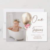 Luxus Balloon Glitzer First Birthday Foto Einladung (Vorderseite)