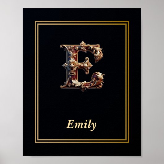 Luxus-Barock-Poster mit Monogramm Buchstabe E Poster (Vorne)
