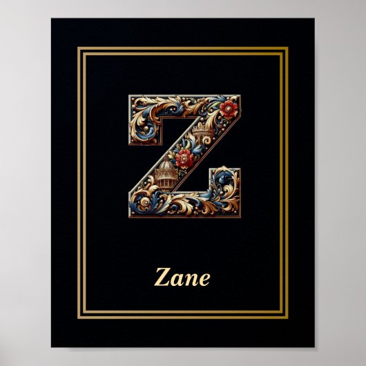 Luxus-Barock-Poster mit Monogramm Buchstabe Z Poster (Vorne)