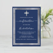 Luxus-Bestätigung Marine blaue Silber Einladung (Stehend Vorderseite)