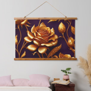 Luxus Big Gold Rose Moderne Kollektion Wandteppich Mit Holzrahmen