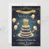 Luxus Birthday Cake | Elegant Gold & Navy Einladung (Vorderseite)