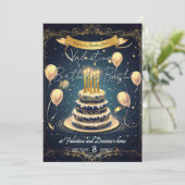 Luxus Birthday Cake | Elegant Gold & Navy Einladung (Stehend Vorderseite)
