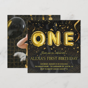 Luxus Black and Gold Konfetti Foto Geburtstag Einladung