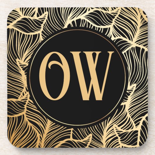 Luxus Black and Gold Monogram Getränkeuntersetzer (Vorderseite)