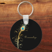 Luxus Black and Gold Peacock Feather Schlüsselanhänger (Vorderseite)