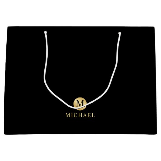 Luxus Black and Gold Personalisiert Monogram Große Geschenktüte (Vorderseite)