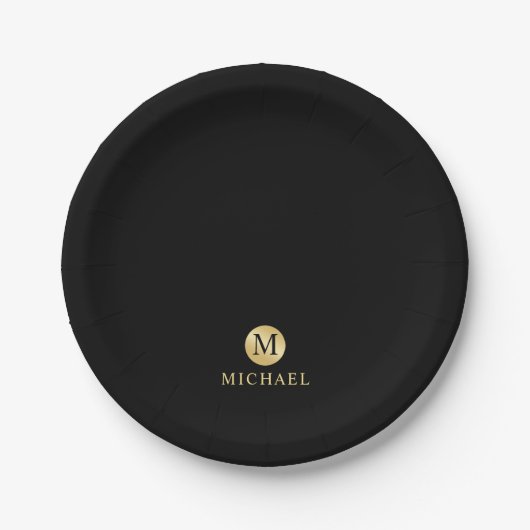 Luxus Black and Gold Personalisiert Monogram Pappteller (Vorderseite)