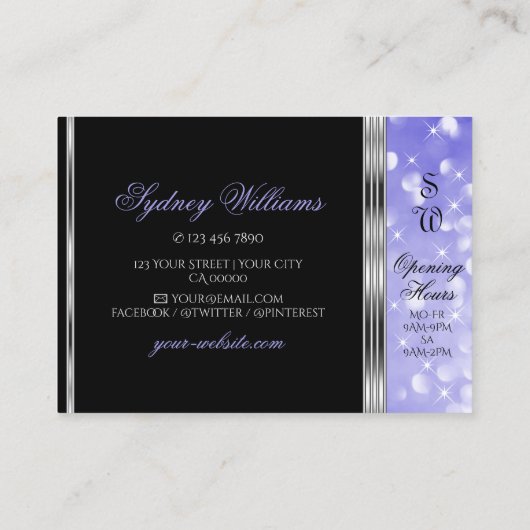 Luxus Black Bright Blue Glitzer Monogram Silver Visitenkarte (Rückseite)