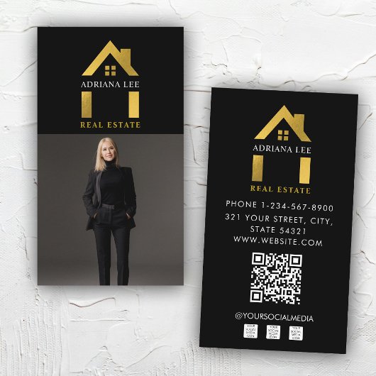 Luxus Black Gold Foto Real Anwesen Agent QR Code Visitenkarte