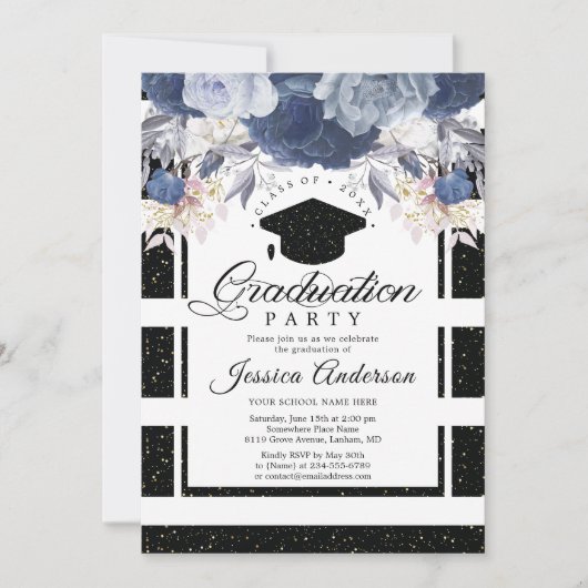 Luxus Black Gold Glitzer Floral Abschluss Einladung (Vorderseite)