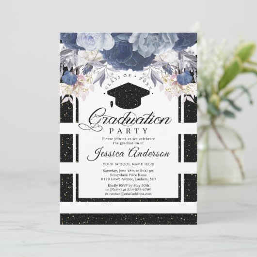 Luxus Black Gold Glitzer Floral Abschluss Einladung (Stehend Vorderseite)