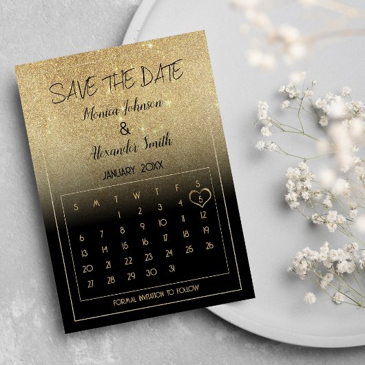 Luxus Black Gold Glitzer Kalender Save the Date Ankündigungspostkarte