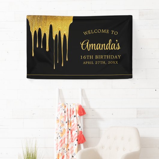Luxus Black & Gold Glitzer Tropfen Sweet 16 Geburt Banner (Insitu)