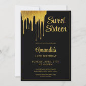 Luxus Black & Gold Glitzer Tropfen Sweet 16 Geburt Einladung (Vorderseite)
