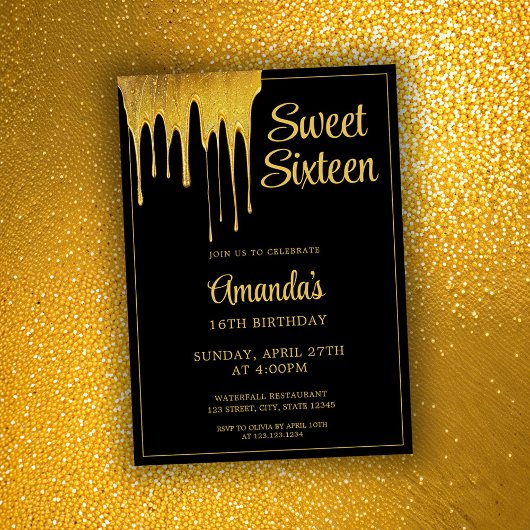 Luxus Black & Gold Glitzer Tropfen Sweet 16 Geburt Einladung