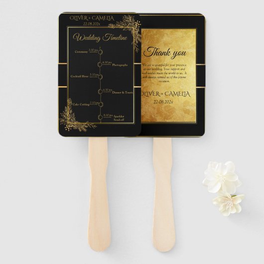 Luxus Black & Gold Hochzeitsprogramm und Timeline Fächer (Vorne und Hinten)