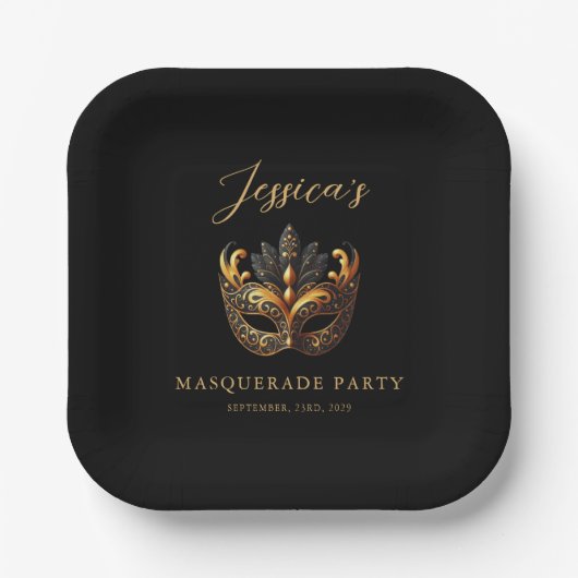 Luxus Black Gold Maske Themenparty Pappteller (Vorderseite)