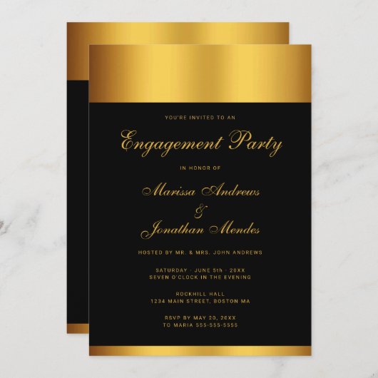 Luxus Black Gold Monogram Engagement Party Einladung (Vorne/Hinten)