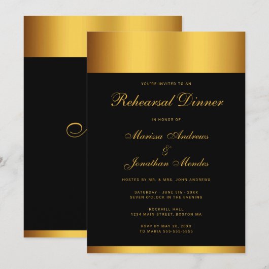 Luxus Black Gold Monogram Probe Dinner Einladung (Vorne/Hinten)