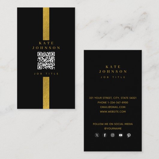 Luxus Black Gold QR Code Social Media Visitenkarte (Vorne/Hinten)