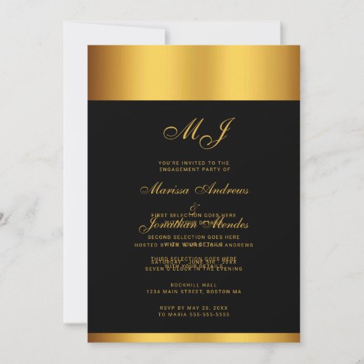 Luxus Black-Gold-Script Monogram Engagement Party Einladung (Vorderseite)