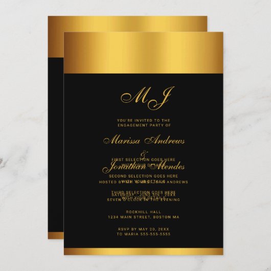 Luxus Black-Gold-Script Monogram Engagement Party Einladung (Vorne/Hinten)