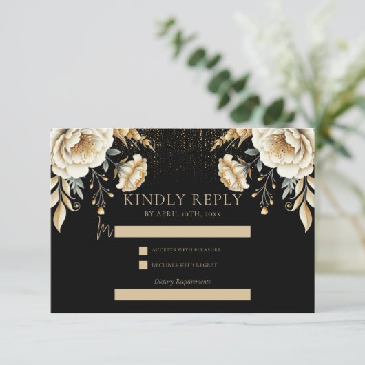 Luxus Black Ivory & Gold Quinceñera UAwg Begleitkarte (Stehend Vorderseite)