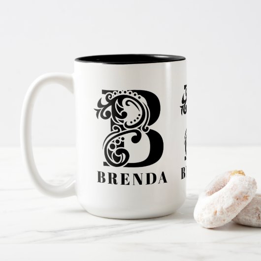 Luxus Black Monogram Letter B Individuelle Name Zweifarbige Tasse (Mit Donut)