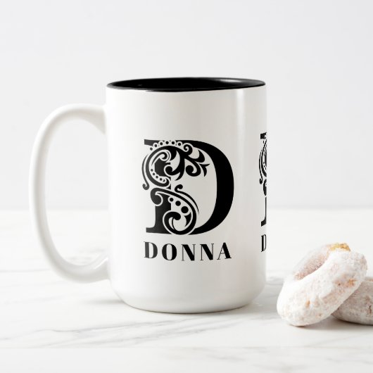 Luxus Black Monogram Letter D Individuelle Name Zweifarbige Tasse (Mit Donut)
