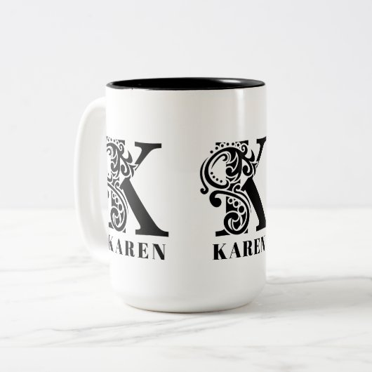 Luxus Black Monogram Letter K Individuelle Name Zweifarbige Tasse (Vorderseite Links)