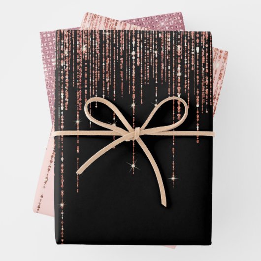 Luxus Black Rose Gold Funkelnd Glitzer Fringe Geschenkpapier Set (Beispiel)
