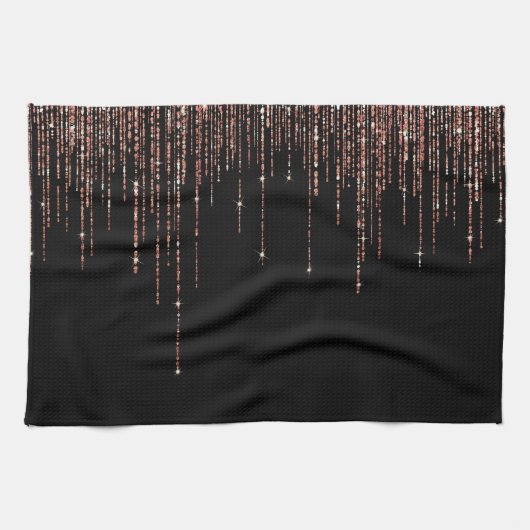 Luxus Black Rose Gold Funkelnd Glitzer Fringe Geschirrtuch (Horizontal)