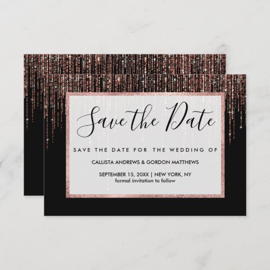 Luxus Black Rose Gold Funkelnd Glitzer Fringe Save The Date (Vorne/Hinten)
