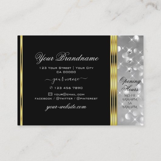 Luxus Black Silver Glitzer Diamonds Gold Border Visitenkarte (Rückseite)
