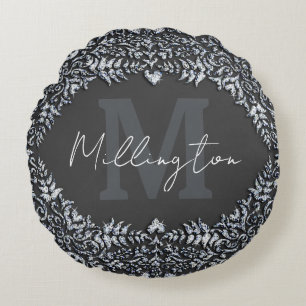 Luxus Black und Silver Diamond Monogram Rundes Kissen