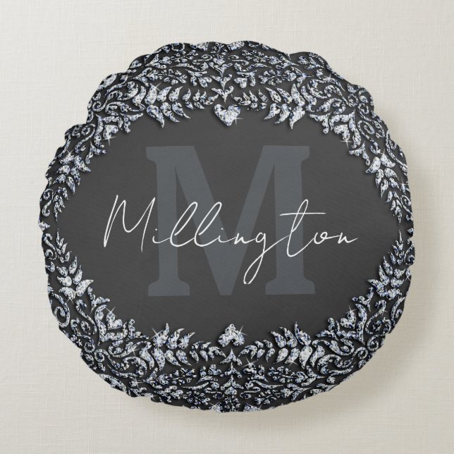 Luxus Black und Silver Diamond Monogram Rundes Kissen (Vorderseite)