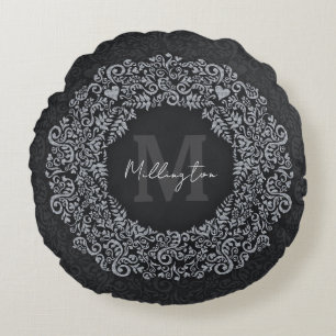 Luxus Black und Silver Monogram Rundes Kissen