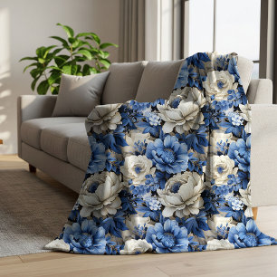Luxus Blau Elfenbein Floral Elegant Sherpa-Decke Sherpadecke