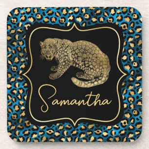 Luxus Blau Leoparden Druck Gold Tier Monogramm Getränkeuntersetzer