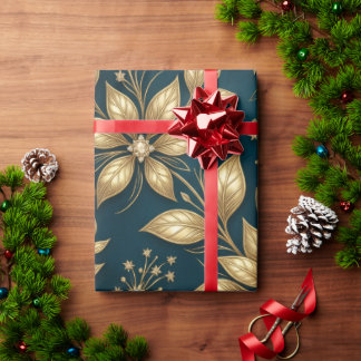 Luxus-Blau und Champagner-Gold Botanischer Nahtlos Geschenkpapier