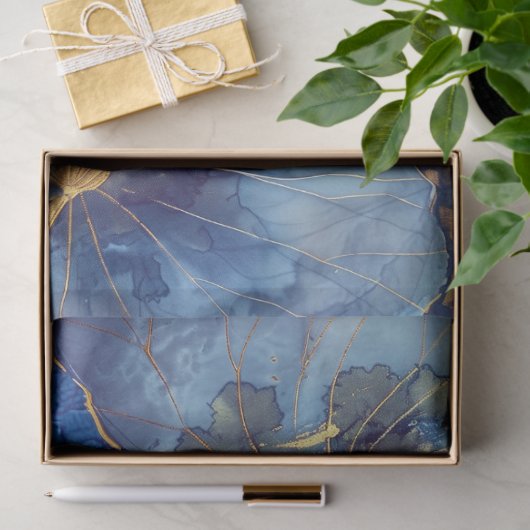Luxus Blau und Gold Blumendekoupage Seidenpapier (Geschenk)