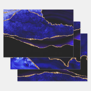 Luxus Blau und Gold Glitter Achat Geburtstag Geschenkpapier Set