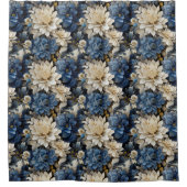 Luxus Blaub Weiß Elfenbein Blumen Duschvorhang (Vorderseite)